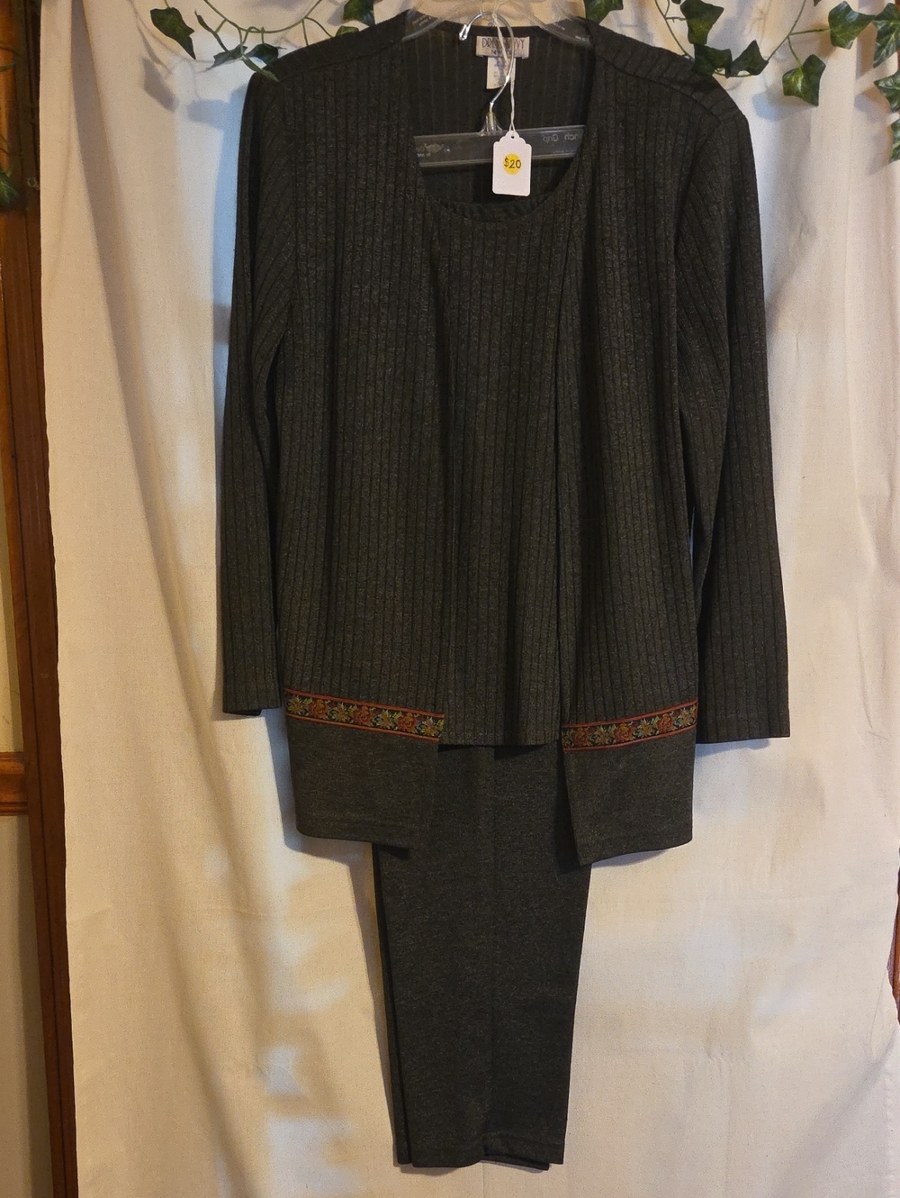 Rafaella Dark Green Ribbed Knit Jacket & Pull-On Pants Set